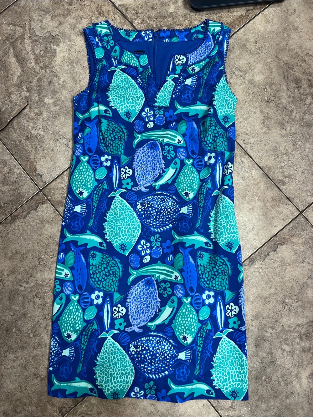 Talbots Blue & Teal Fish-Print Sleeveless Dress